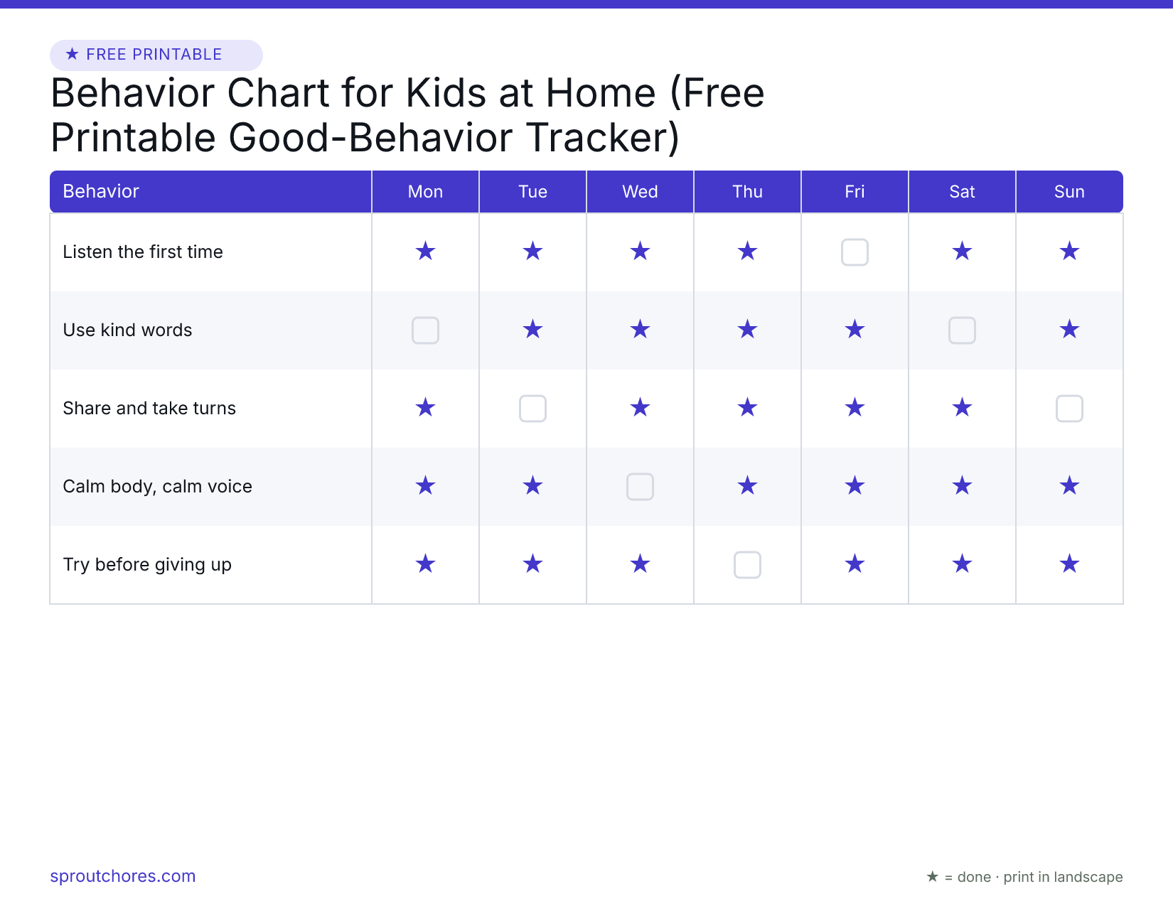 Free printable behavior chart for kids — weekly chart with example marks filled in