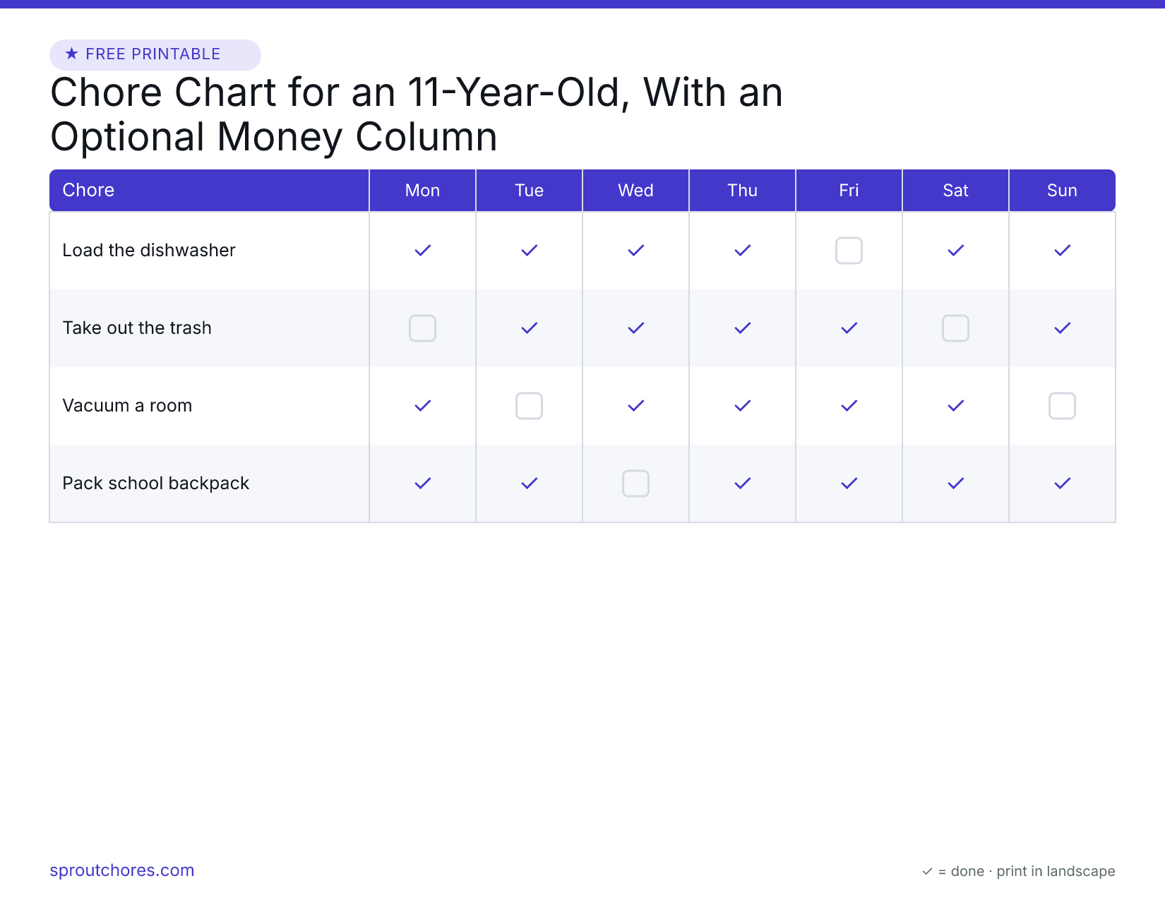 Chore Chart for an 11-Year-Old, With an Optional Money Column preview