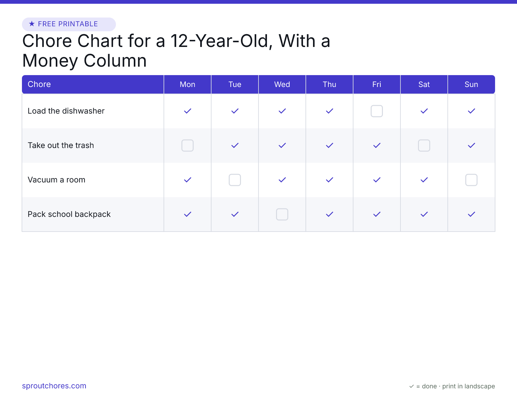 Chore Chart for a 12-Year-Old, With a Money Column preview