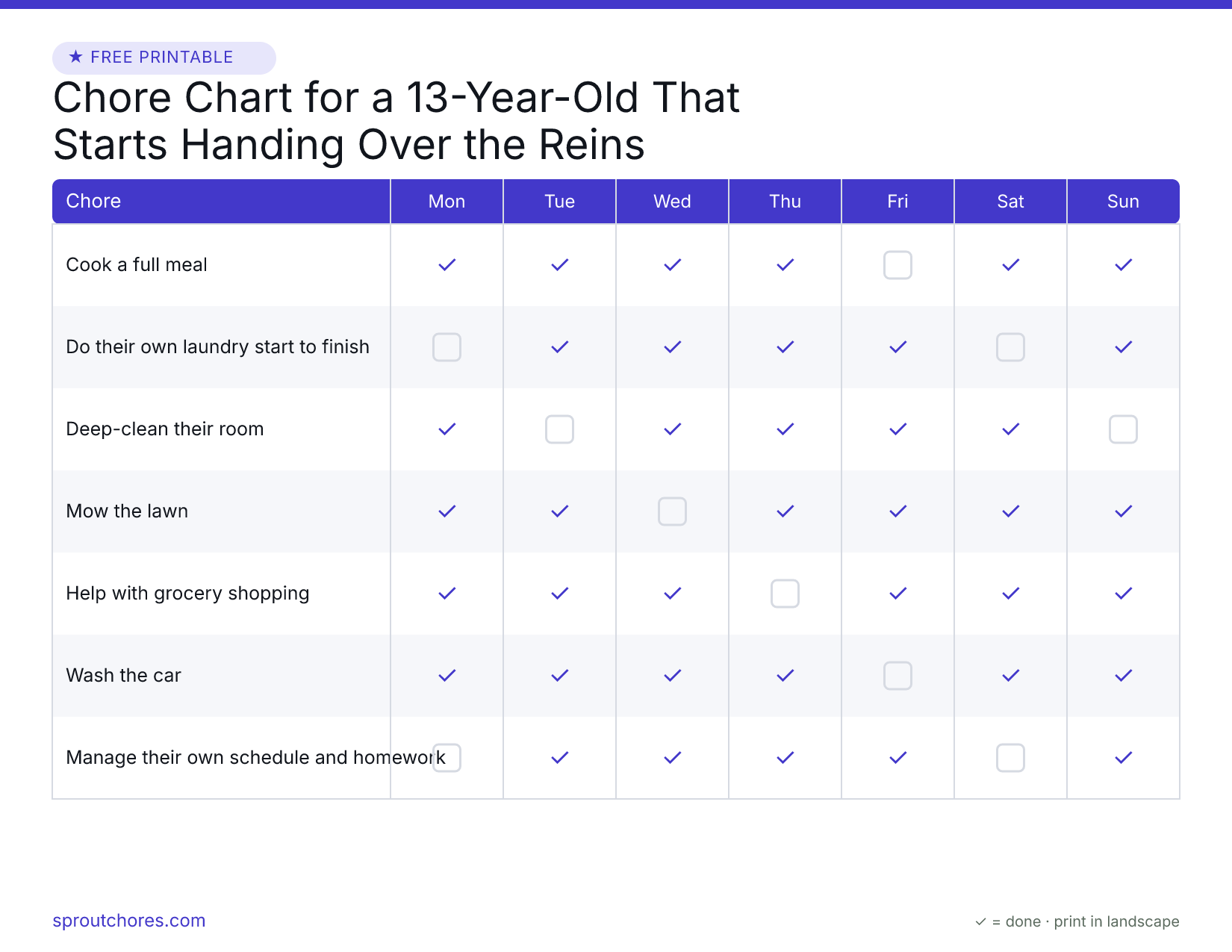 Free printable chore chart for 13 year old — weekly chart with example marks filled in