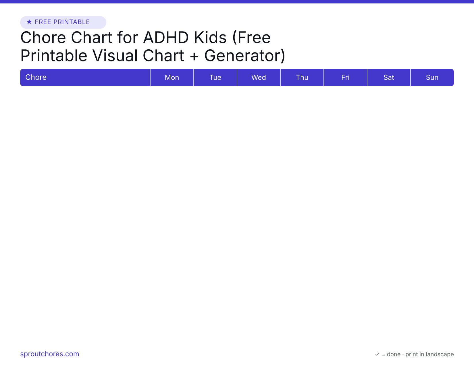 Free printable chore chart for adhd kids — weekly chart with example marks filled in