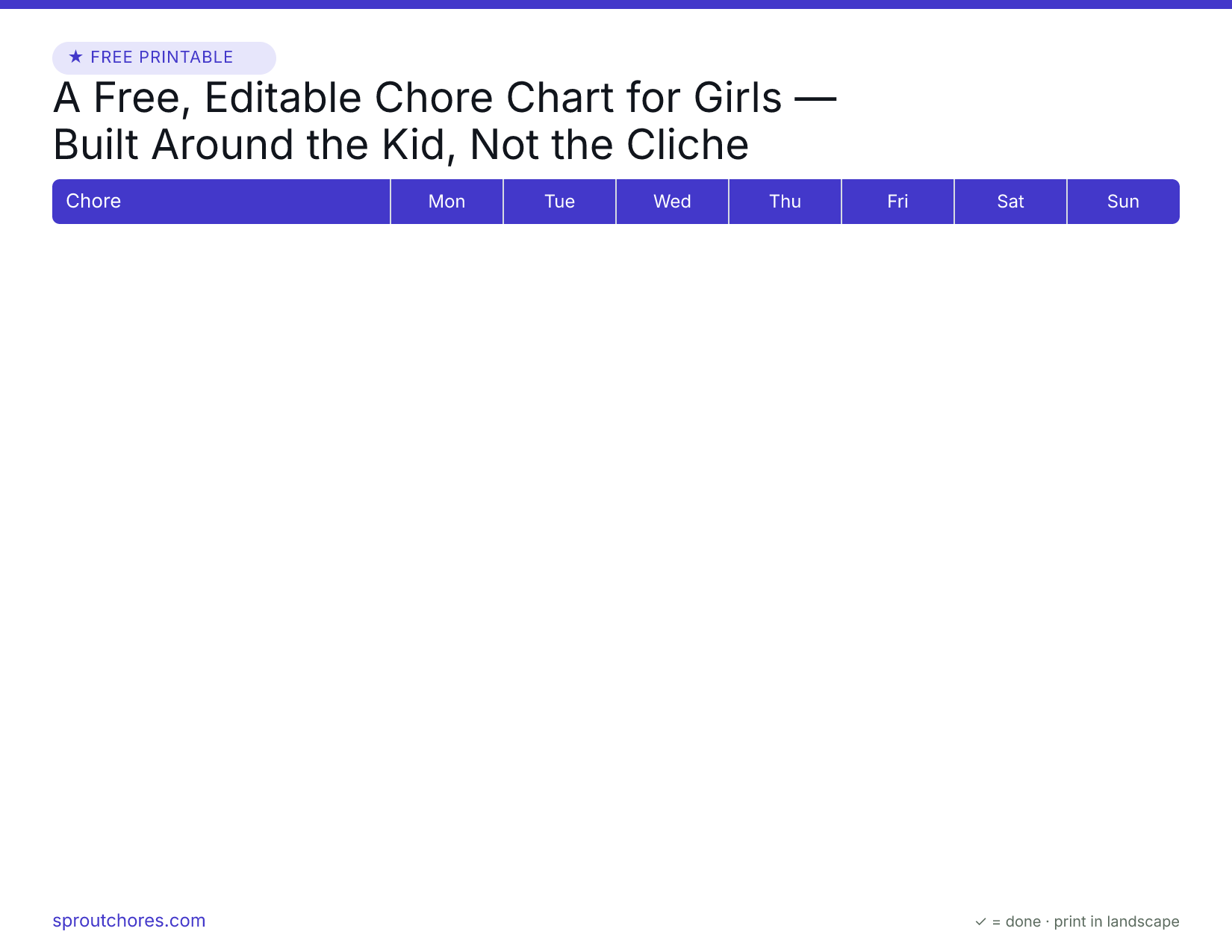 A Free, Editable Chore Chart for Girls — Built Around the Kid, Not the Cliche preview