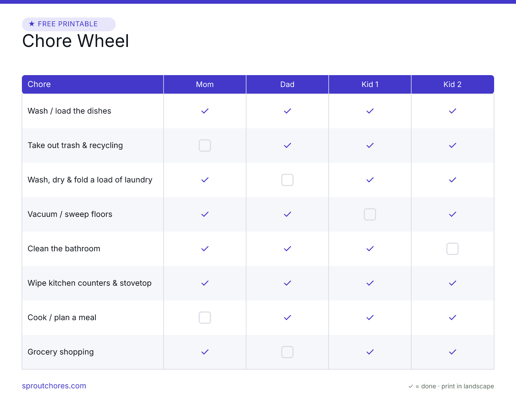 Free printable chore wheel — weekly chart with example marks filled in