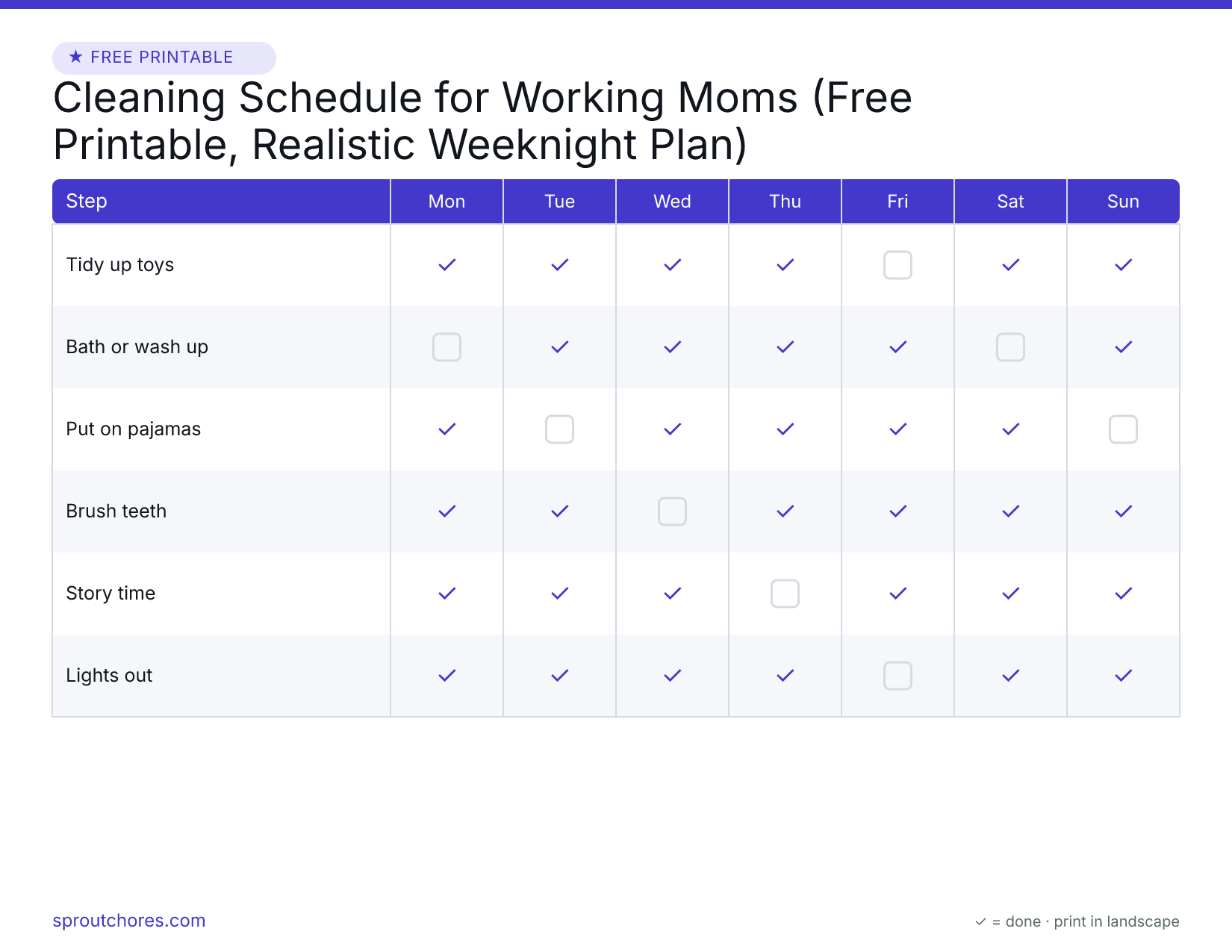 Free printable cleaning schedule for working moms — weekly chart with example marks filled in