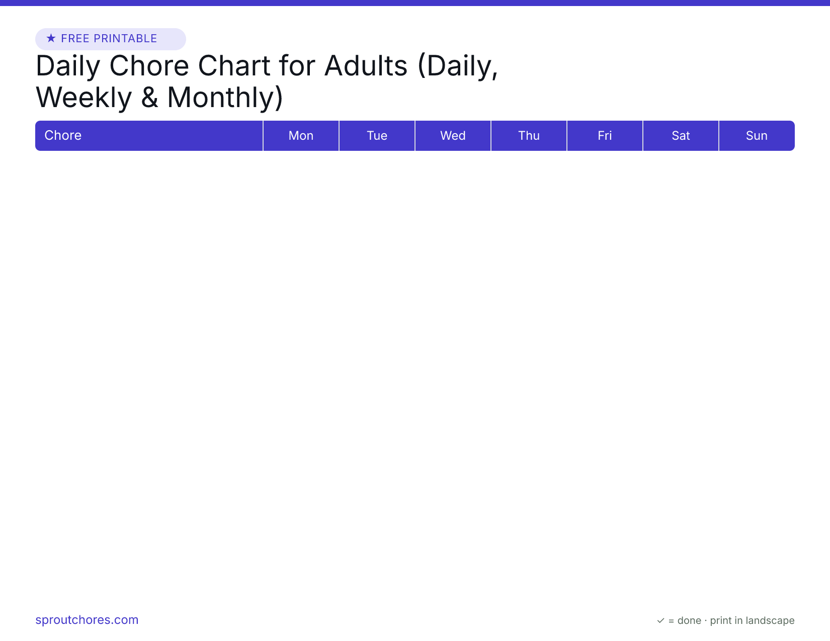 Free printable daily chore chart for adults — weekly chart with example marks filled in