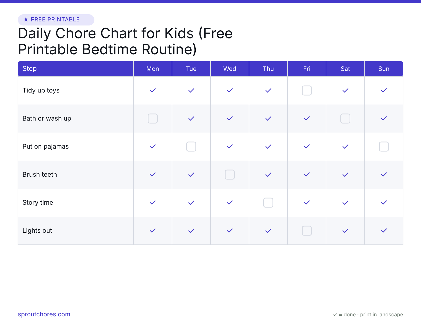 Free printable daily chore chart for kids — weekly chart with example marks filled in