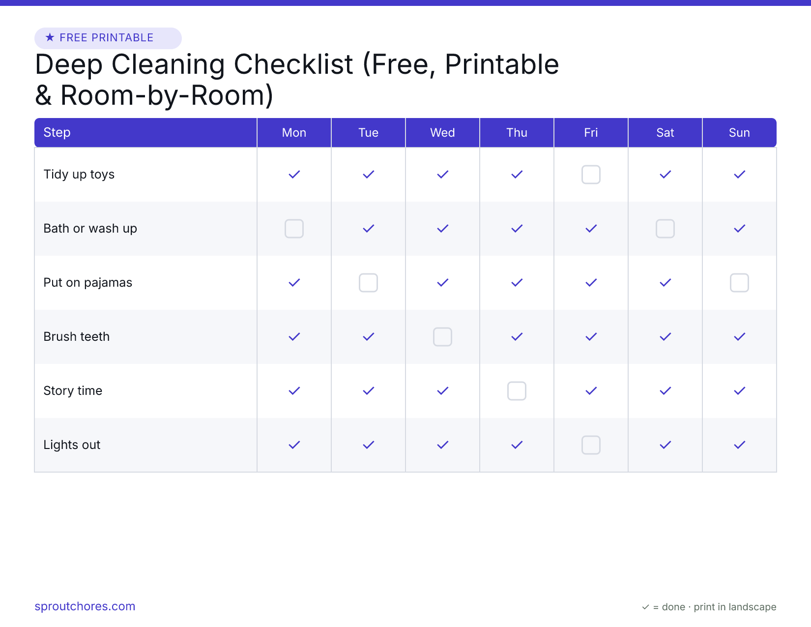 Free printable deep cleaning checklist — weekly chart with example marks filled in