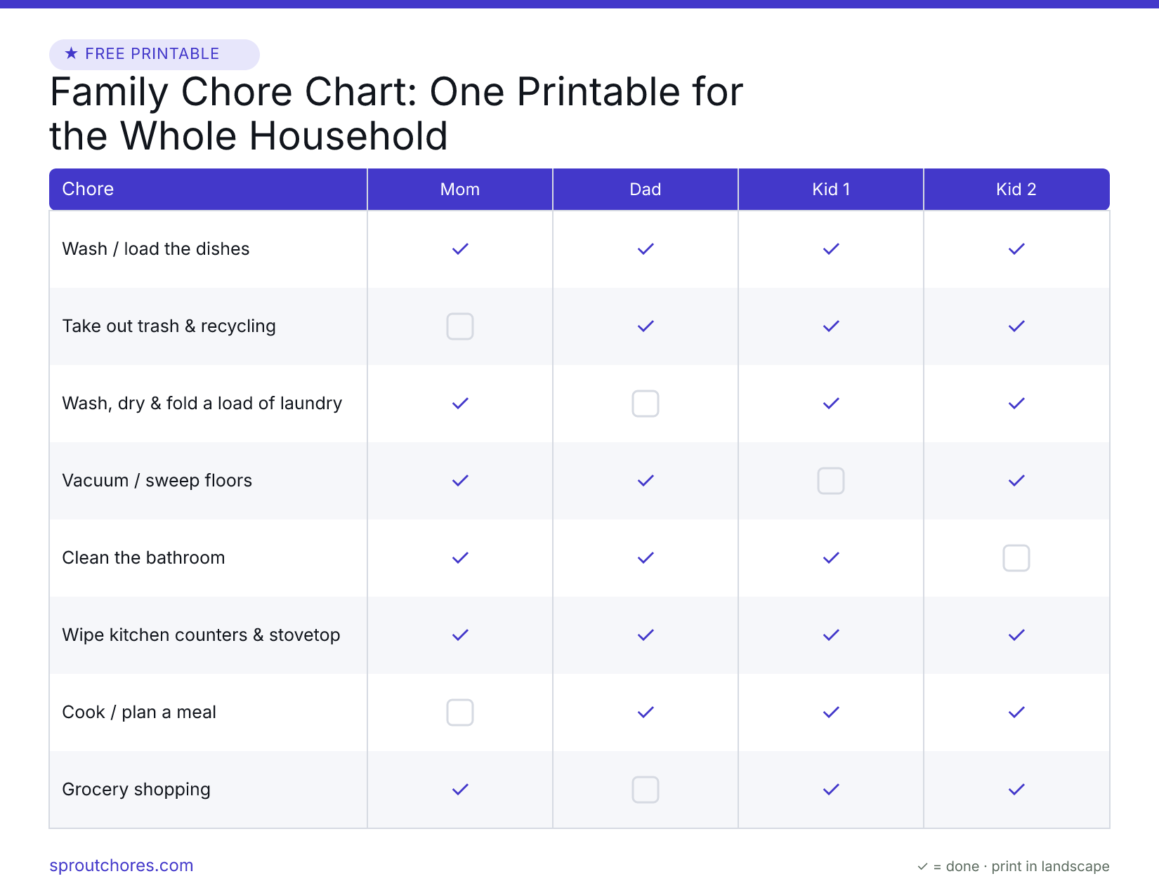 Free printable family chore chart — weekly chart with example marks filled in