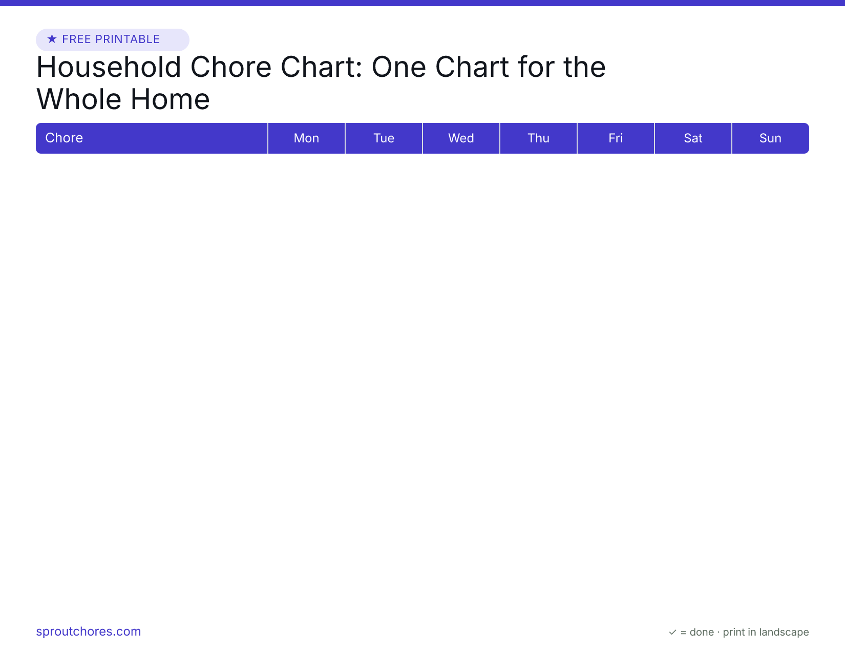 Free printable household chore chart — weekly chart with example marks filled in
