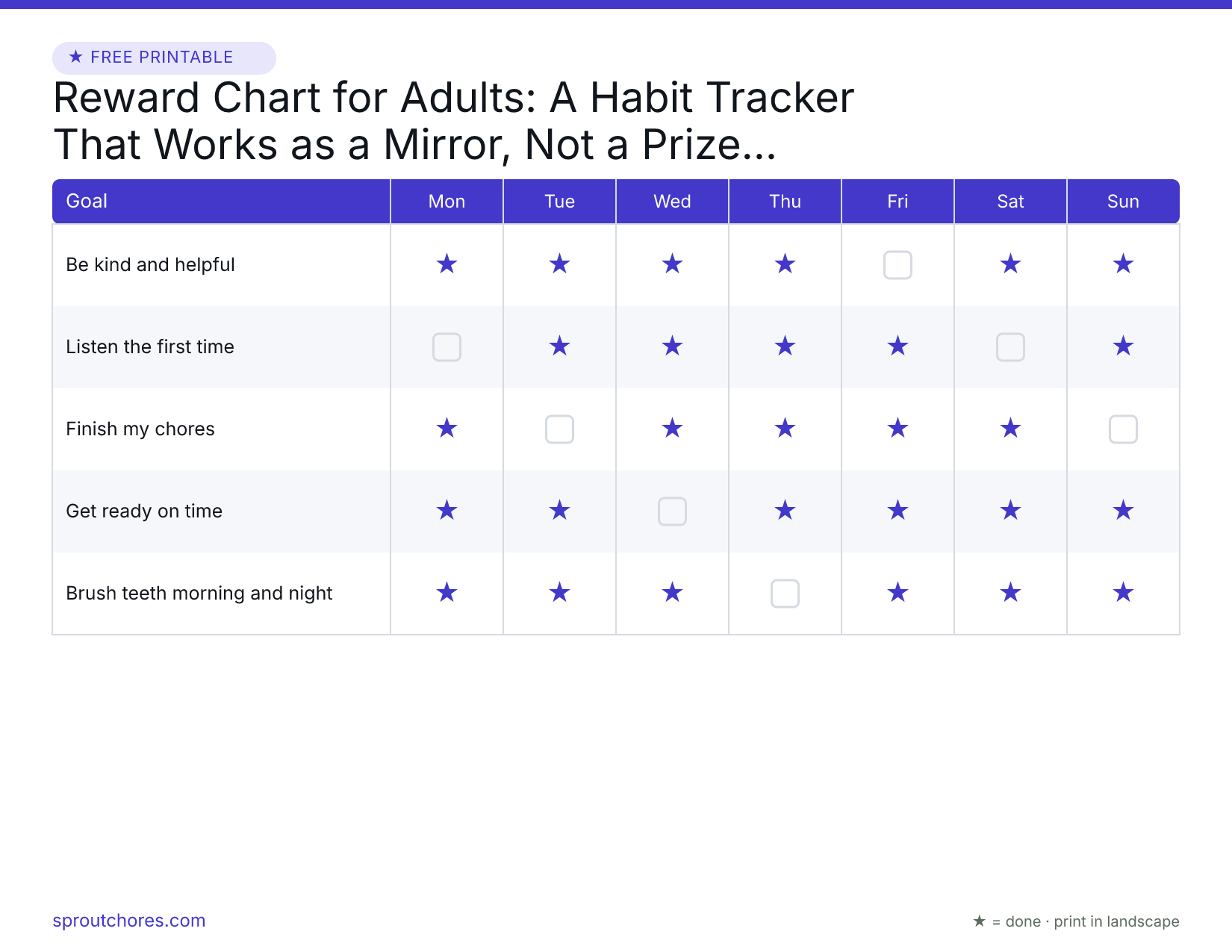 Free printable reward chart for adults — weekly chart with example marks filled in