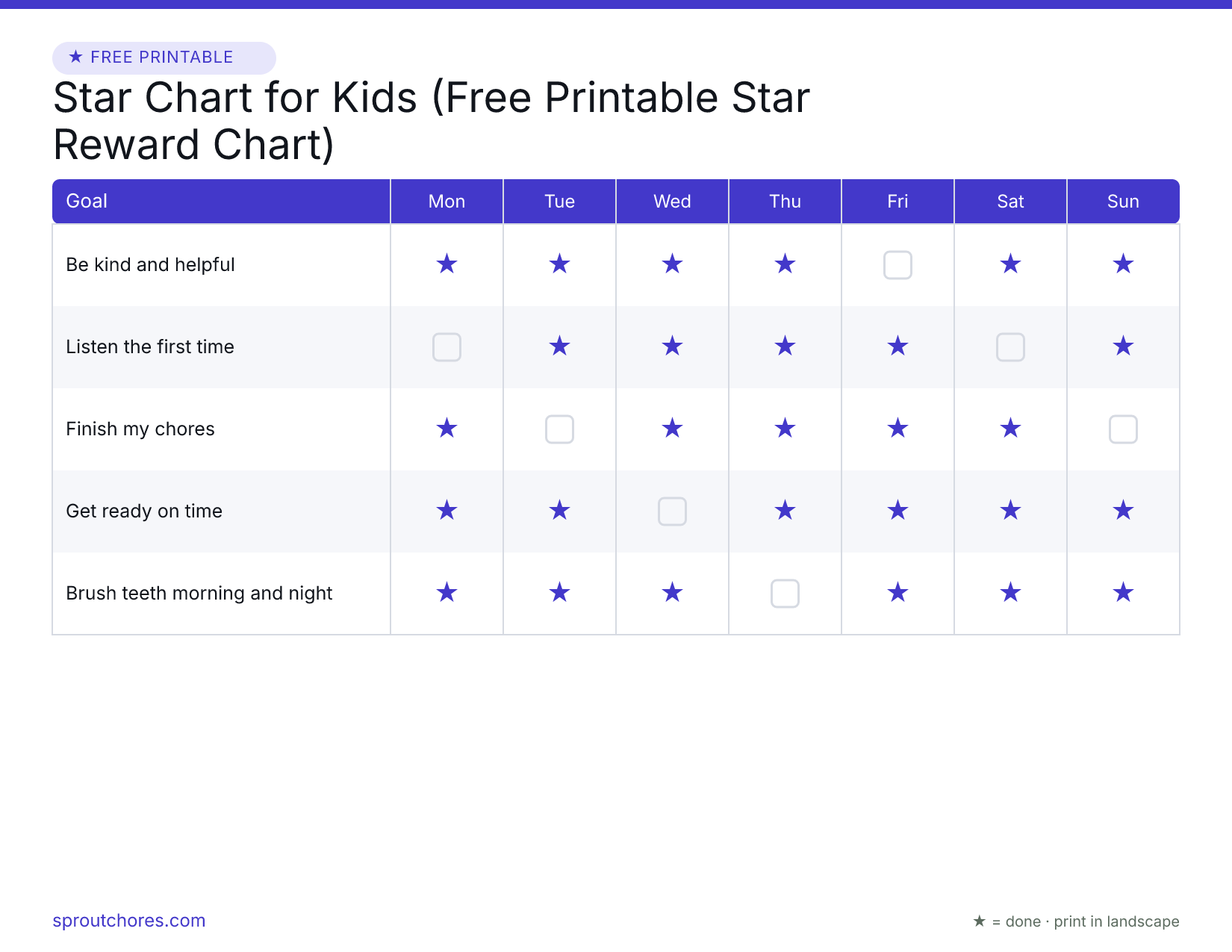 Free printable star chart for kids — weekly chart with example marks filled in