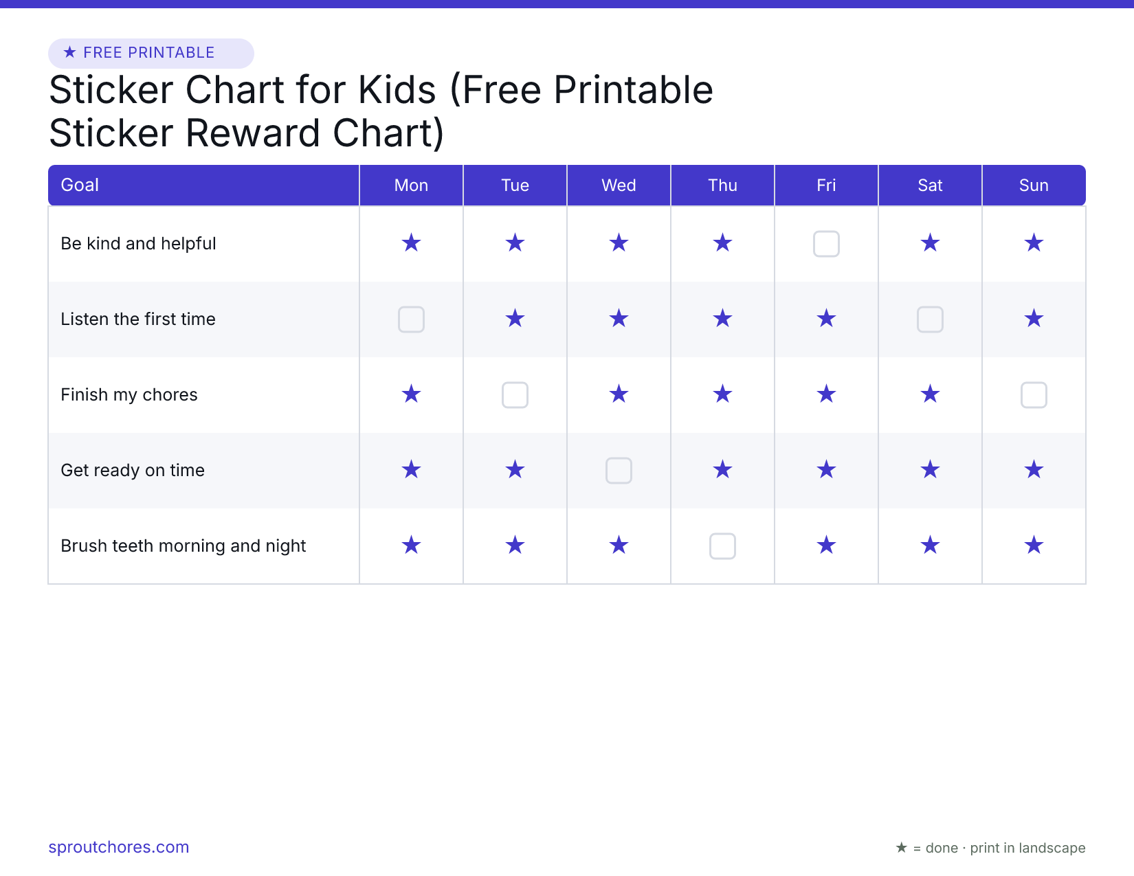 Free printable sticker chart for kids — weekly chart with example marks filled in
