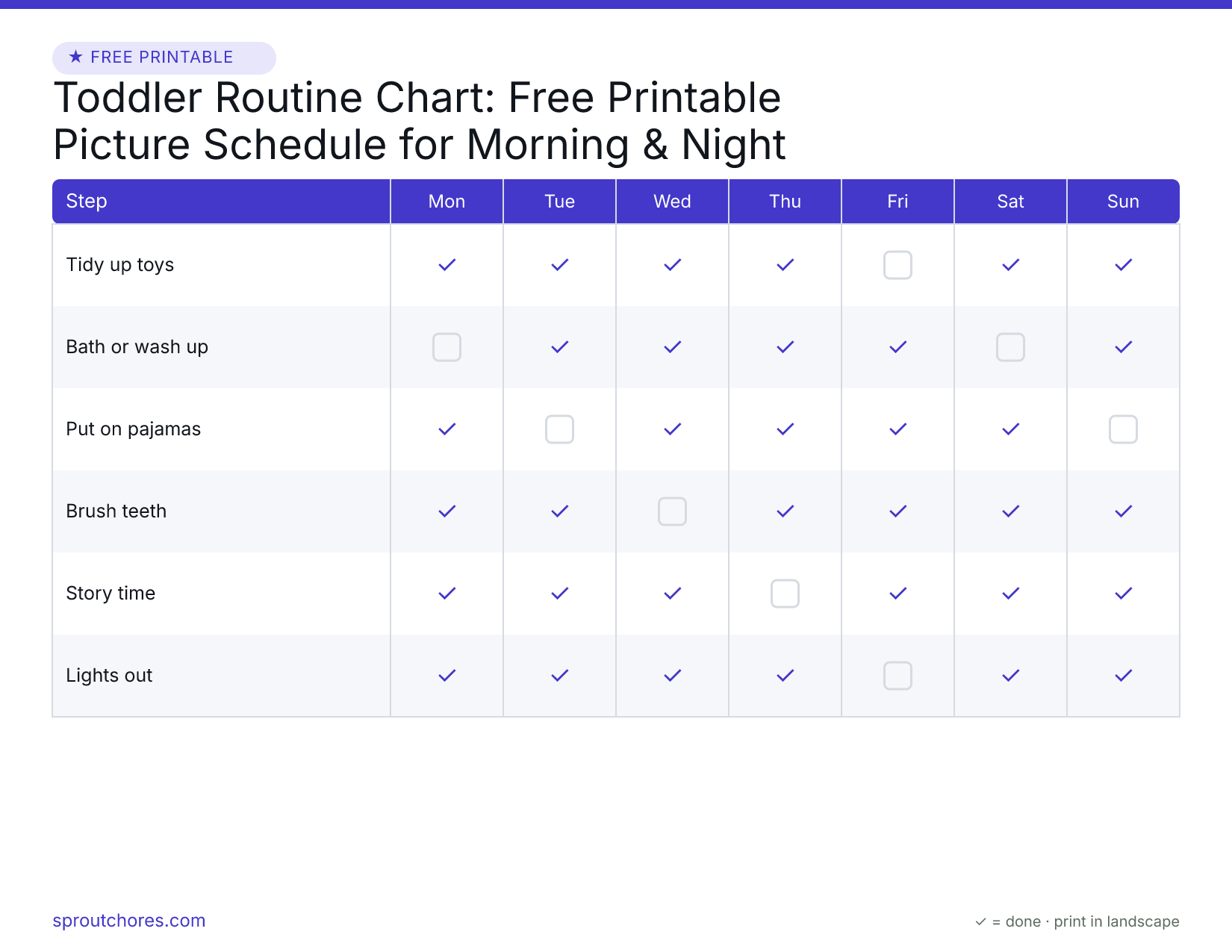 Free printable toddler routine chart — weekly chart with example marks filled in