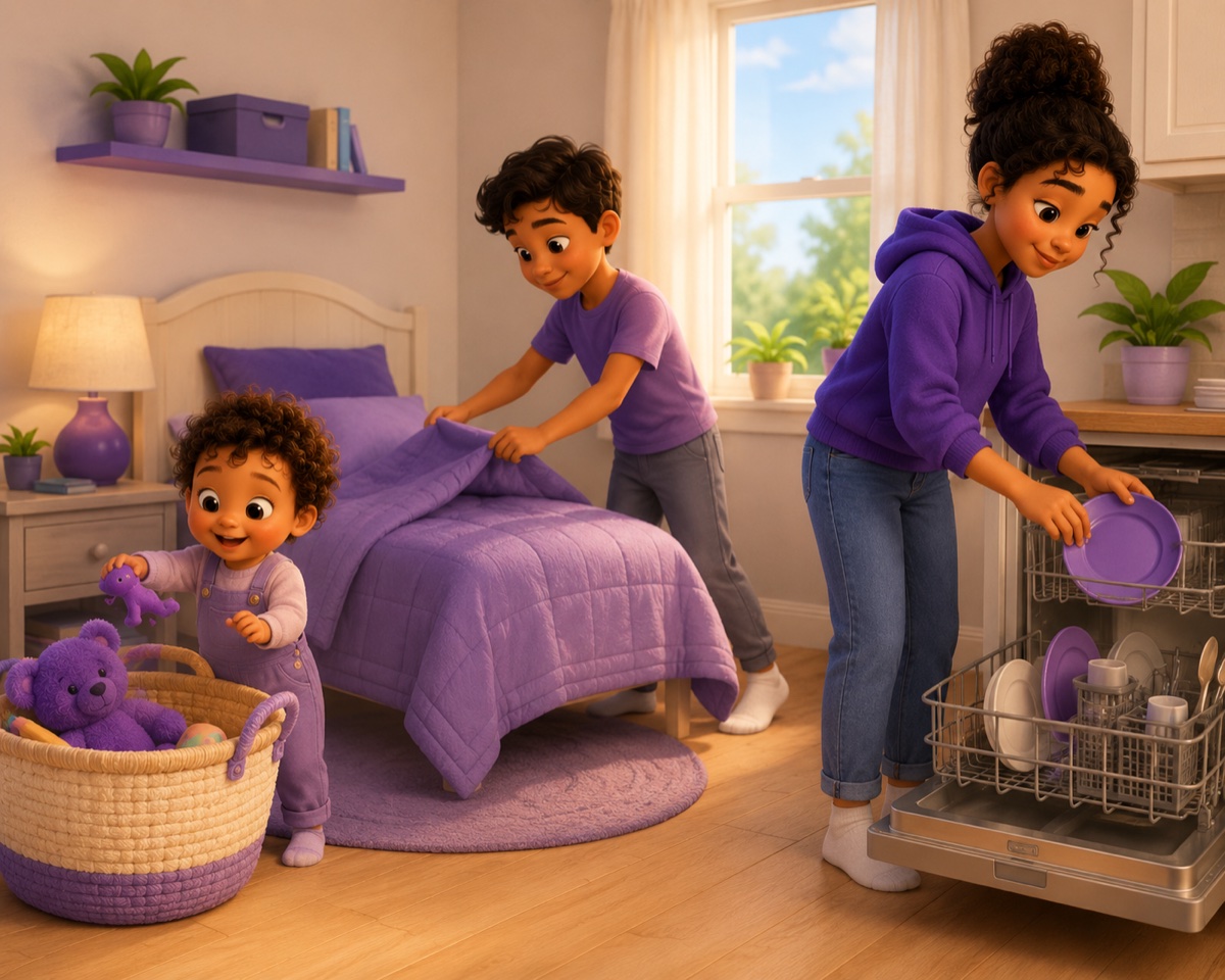 Illustration of children of different ages doing chores