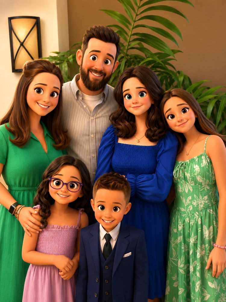 A cartoon illustration of the SproutChores family — two parents and their four kids