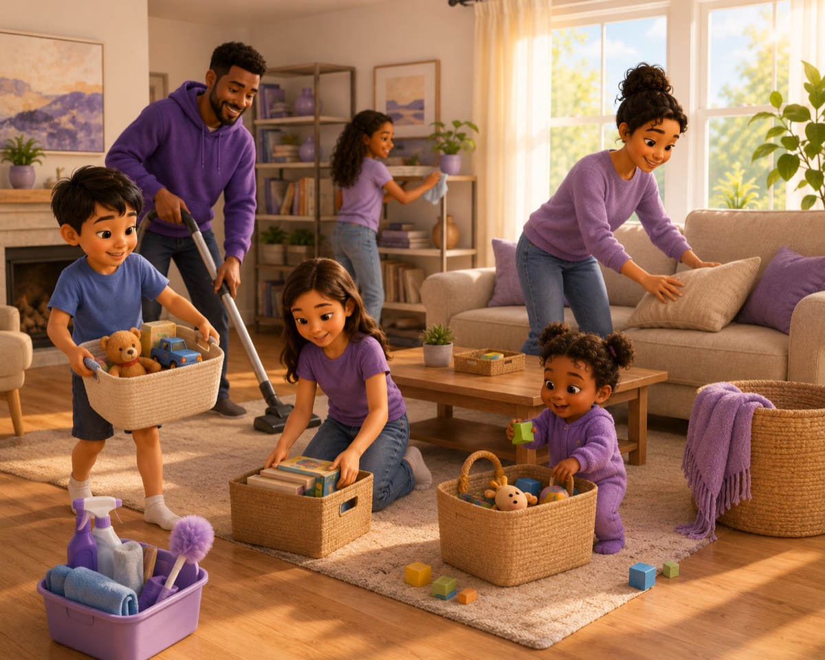 Illustration of a family cheerfully tidying their home together