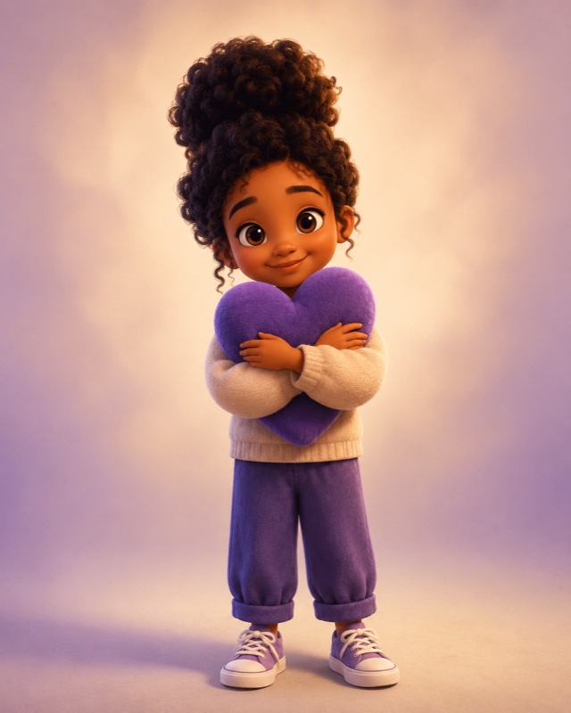 Illustration of a child holding a soft purple heart