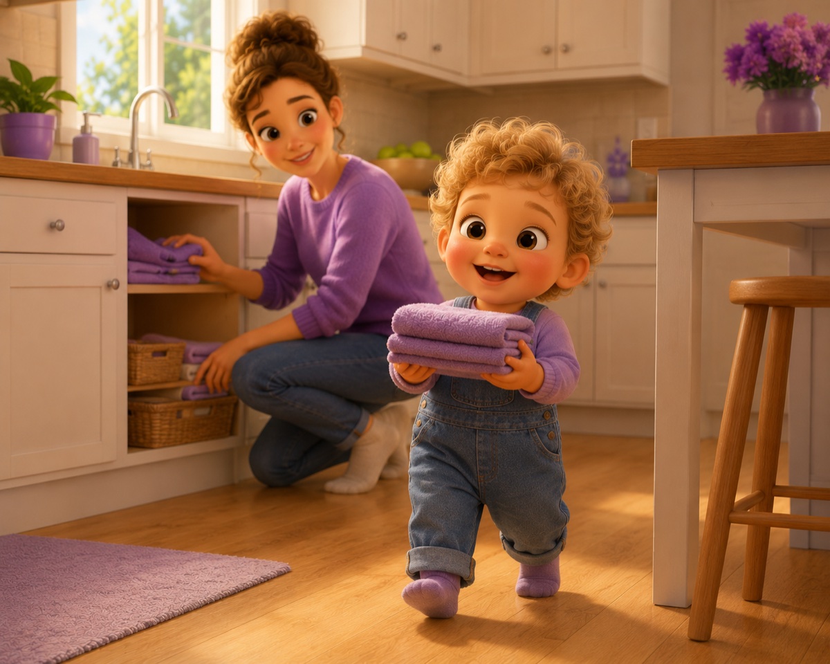 Illustration of a toddler proudly helping with chores
